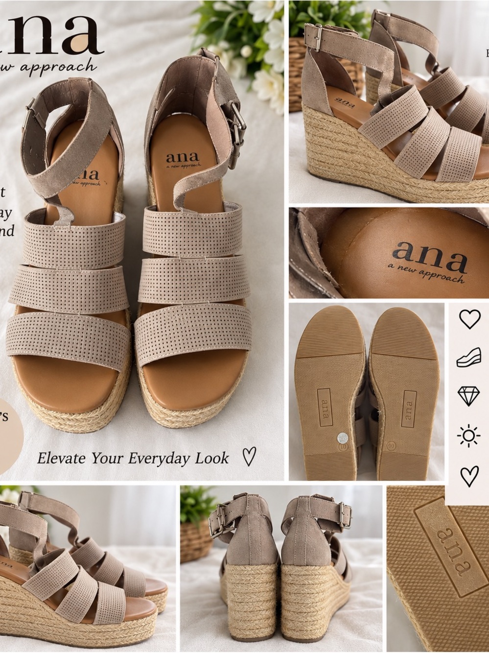 a.n.a Women’s Espadrille Wedge Sandals Taupe Size 10 – New